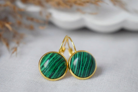 Malachite Dangle Earrings, Small Green Gemstone Earrings, Boho Leverback Earrings, 18k Gold Plated Stainless Steel Jewelry, Gift For Her