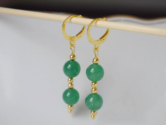 Green aventurine earrings, Green huggies, Gemstone gold dangle earrings, Green beads earrings, Hanging stone earrings, Aventurine jewelry