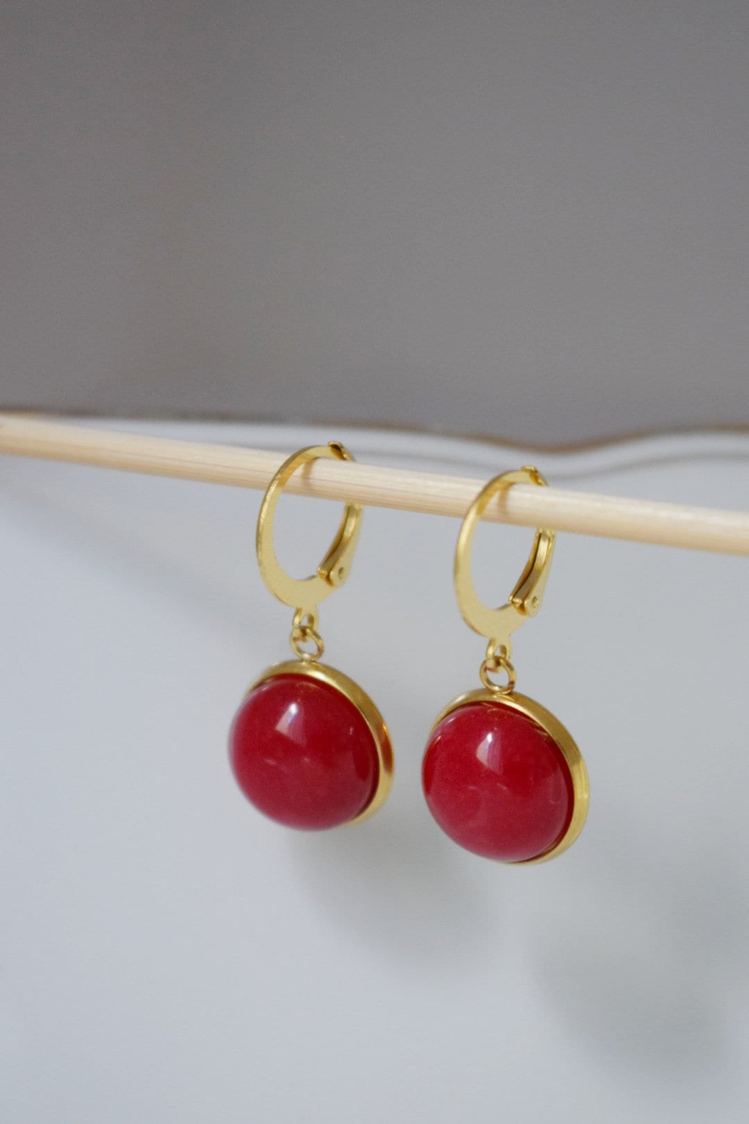 Red jade earrings, Gemstone pendant huggie earrings, Lever back stone hoops, 24k gold plated jewelry, Gift for womenBest christmas gift
