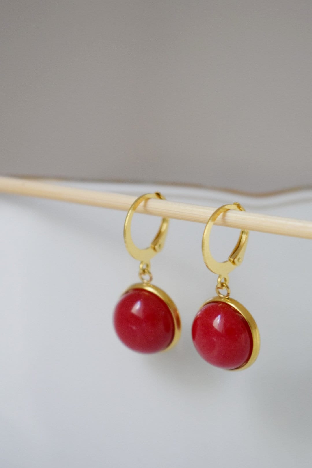Red jade earrings, Gemstone pendant huggie earrings, Lever back stone hoops, 24k gold plated jewelry, Gift for womenBest christmas gift