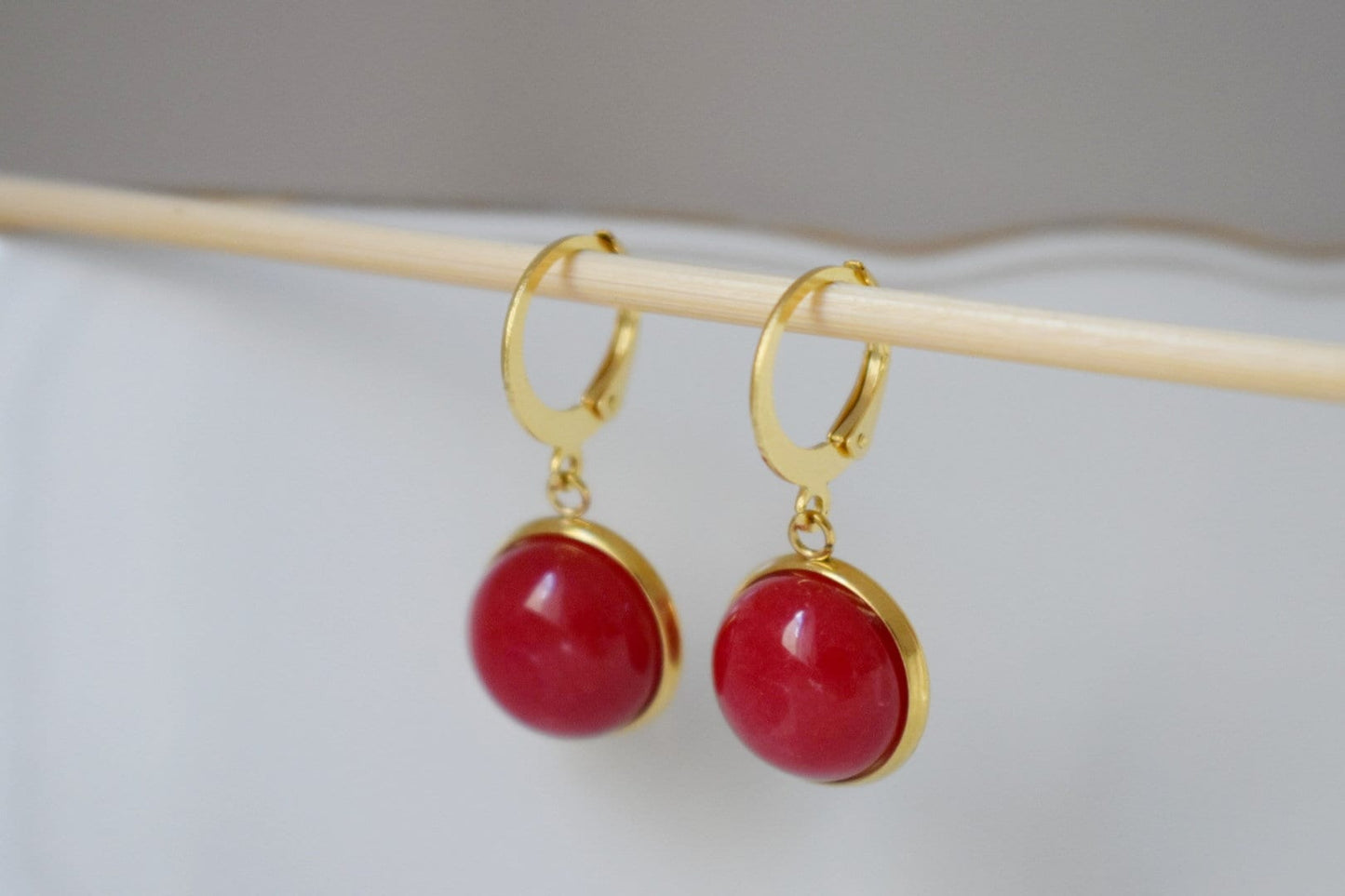 Red jade earrings, Gemstone pendant huggie earrings, Lever back stone hoops, 24k gold plated jewelry, Gift for womenBest christmas gift