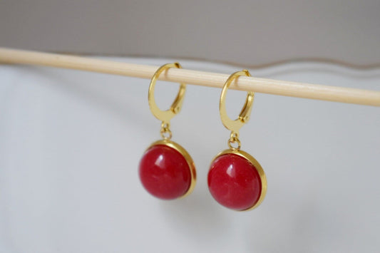 Red jade earrings, Gemstone pendant huggie earrings, Lever back stone hoops, 24k gold plated jewelry, Gift for womenBest christmas gift