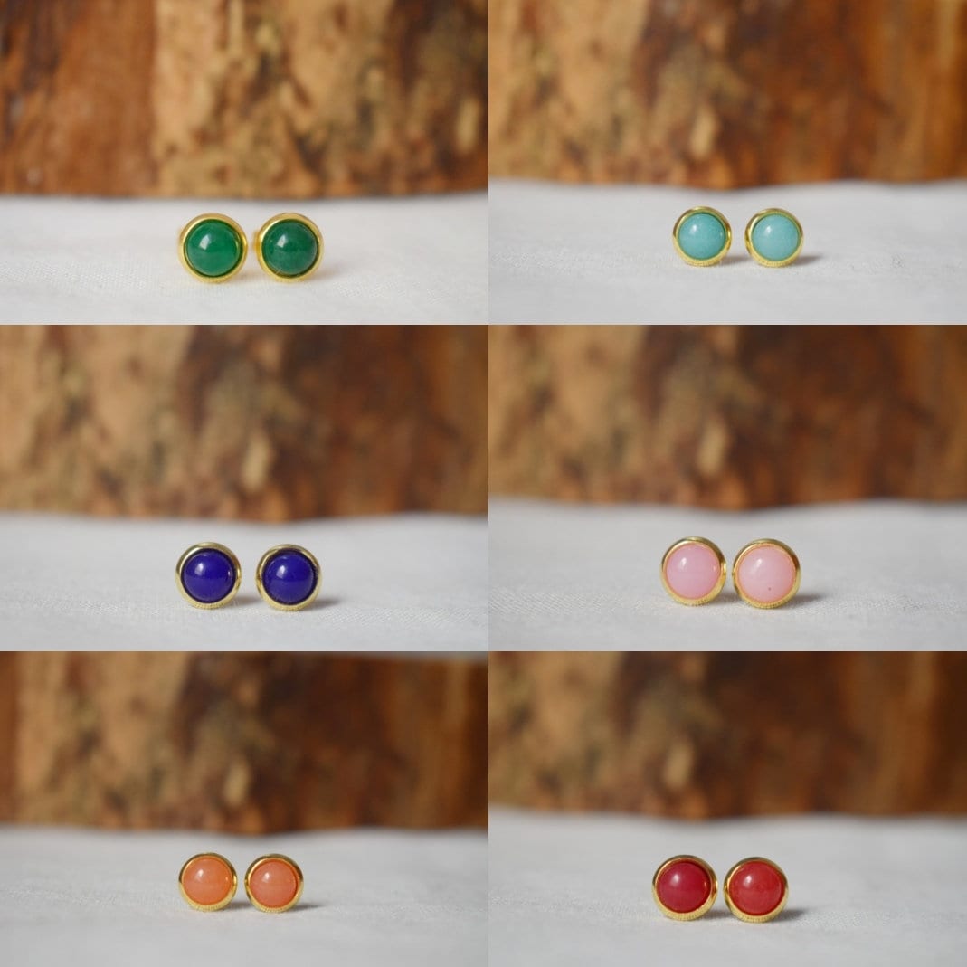 Mini Gemstone Stud Earrings, White jade studs, 6mm golden Push-back Earrings, Small round earrings, Minimalist jewelry, Mother's day gift