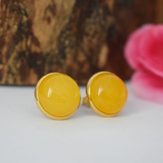 Yellow jade stud earrings, Jade gold earrings, Stainless steel, 12mm, Jade jewelry, Birthstone, Healing stone, Handmade jewelry gift for her