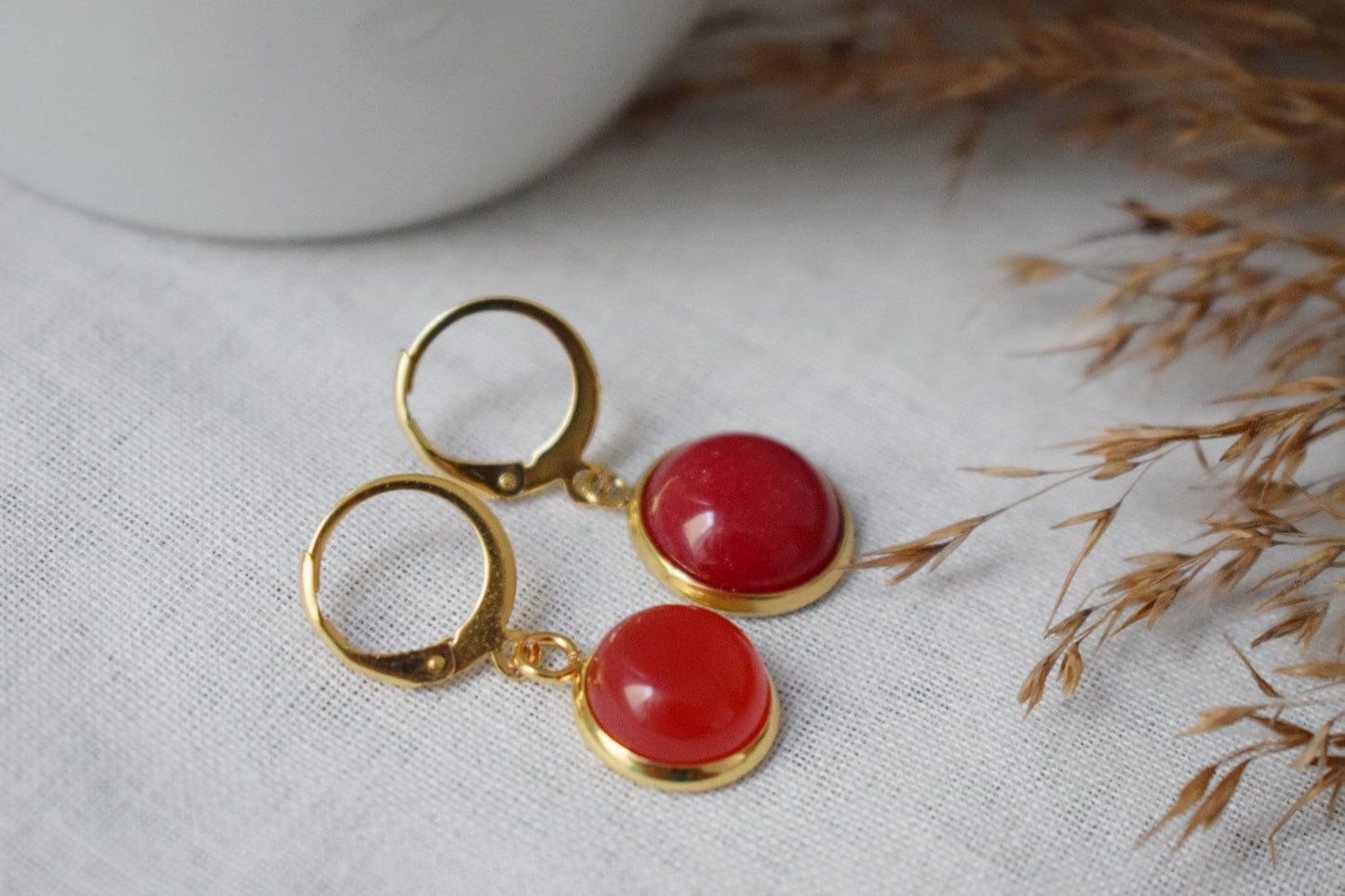Red jade earrings, Gemstone pendant huggie earrings, Lever back stone hoops, 24k gold plated jewelry, Gift for womenBest christmas gift
