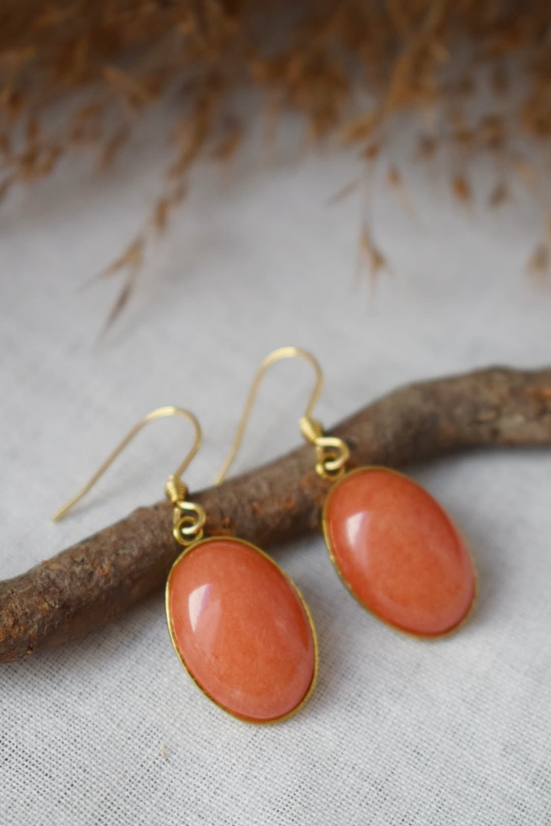 Orange Jade Earrings Gold, Oval Gemstone Hanging Earrings, Orange Pendant, Dangle Drop Stone Earrings For Women, Jade Jewelry, Gift For Her