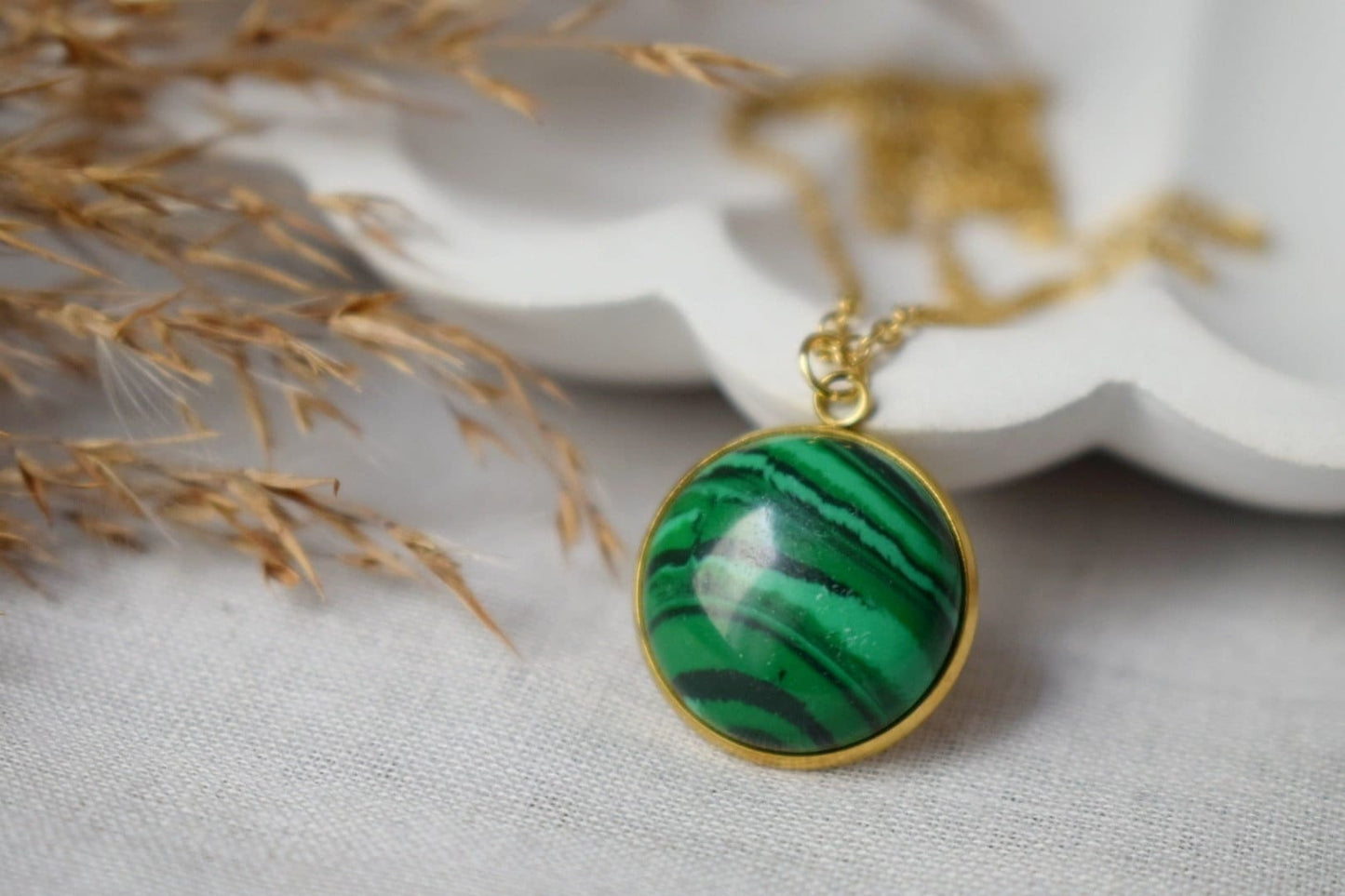 Malachite necklace gold, Green Gemstone round pendant necklace for women, Boho Handmade jewelry, Gift for her