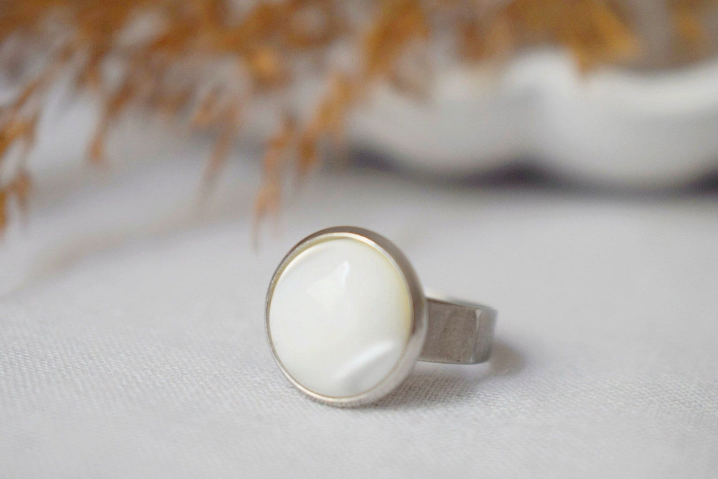 Mother of pearl ring for women, Pearl Adjustable ring silver, Everyday ring, White round ring, Mother of pearl jewelry, Birthday gift her