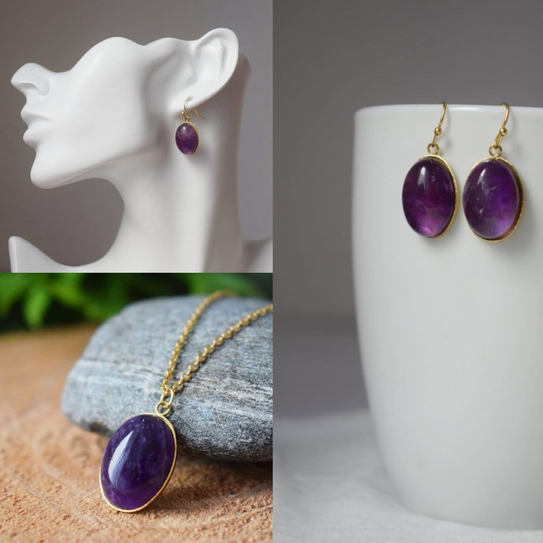 Amethyst pendant necklace gold for women, Oval, Gemstone, Purple stone, Amethyst, February birthstone, Handmade jewelry, Gift for her