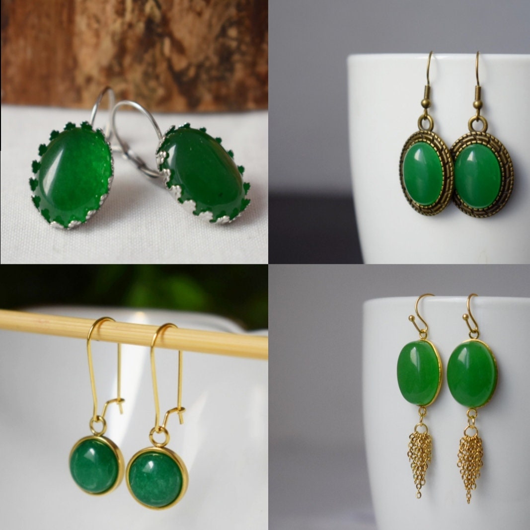 Green jade dangle earrings, Oval gemstone huggie hoops, Enamel pendant hanging earrings, Handmade boho jewelry, Best christmas gift for her