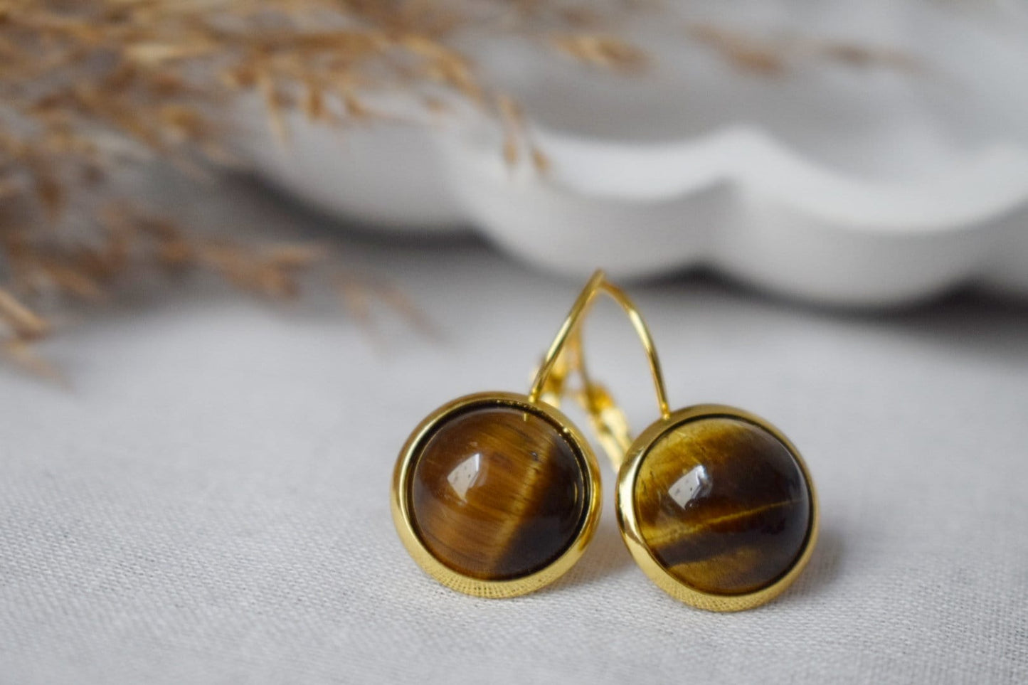 Tigers Eye Earrings for Women, Gemstone leverback earrings, Gold brown natural stone, Chakra, Tiger's eye jewelry for her, Mother's day gift