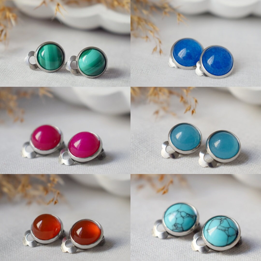 Clip on earrings yellow jade, Gemstone ear clips girls, Stone, Yellow silver, 8mm, 10mm, 12mm, round stainless steel clip on earrings, Women