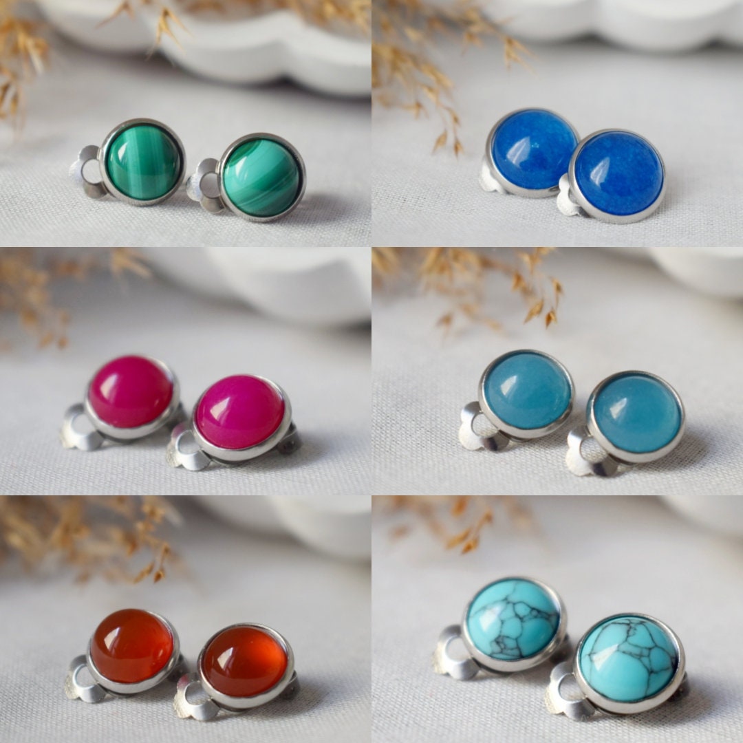 Small clip on earrings green agate, Gemstone non pierced ear clips, Surgical stainless steel, Stone no hole earrings, Handmade jewelry gift