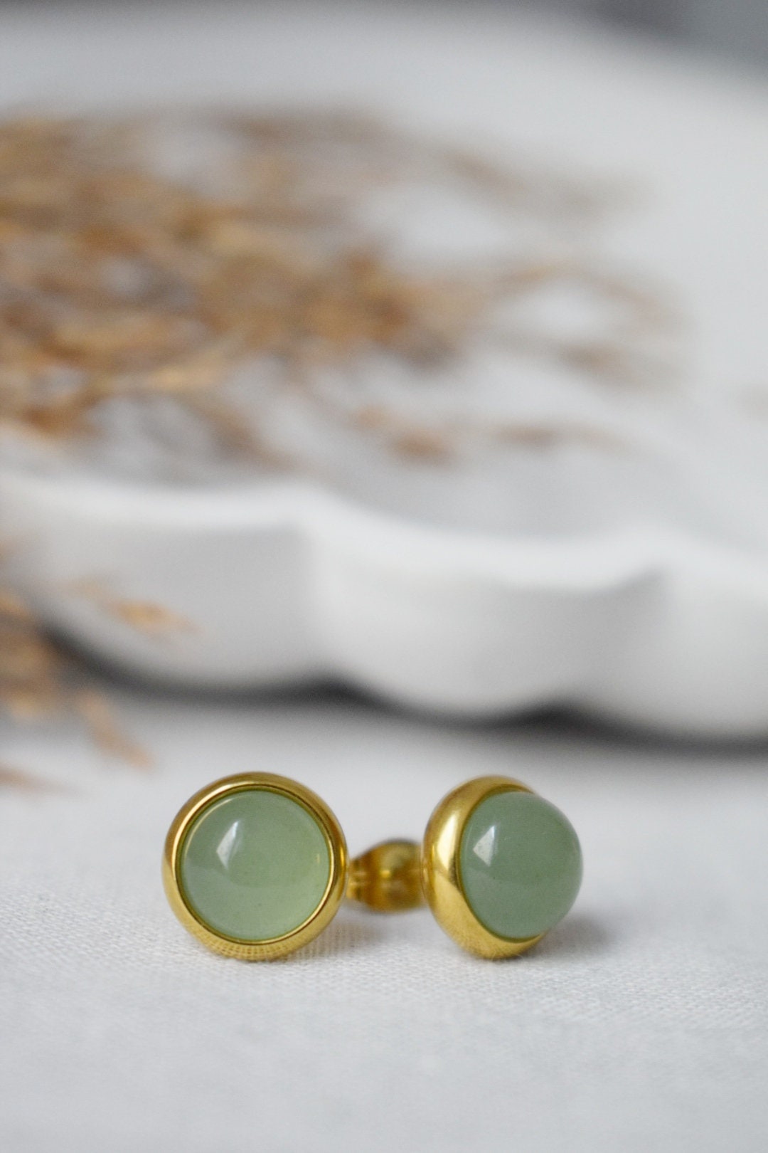 Small Aventurine Stud Earrings, 8mm Massive Gold studs, Green Gemstone earrings, Basic Earrings, August Birthstone Gift, Minimalist Jewelry