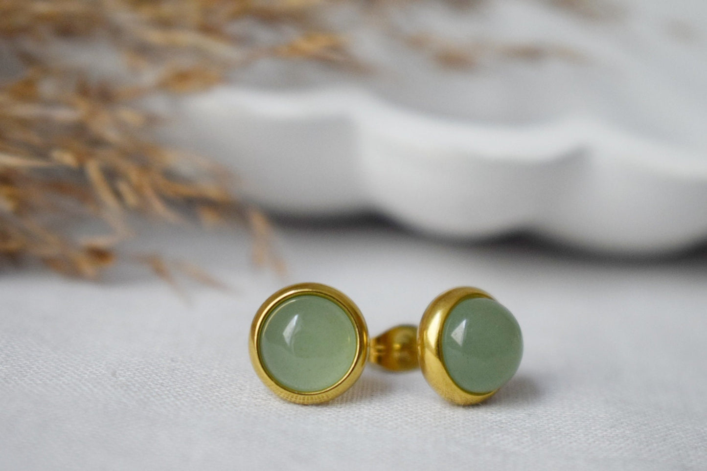 Small Aventurine Stud Earrings, 8mm Massive Gold studs, Green Gemstone earrings, Basic Earrings, August Birthstone Gift, Minimalist Jewelry