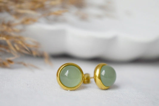 Small Aventurine Stud Earrings, 8mm Massive Gold studs, Green Gemstone earrings, Basic Earrings, August Birthstone Gift, Minimalist Jewelry