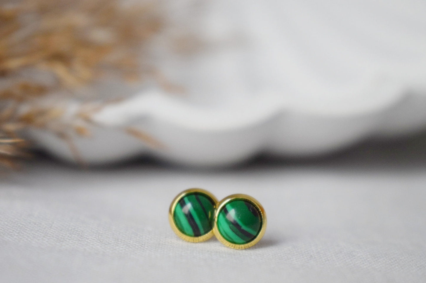 Malachite Stud Earrings Gold, 8mm Green Gemstone Studs, Small Round Earrings, Minimalist, Malachite Jewelry, Birthstone, Gift For Her