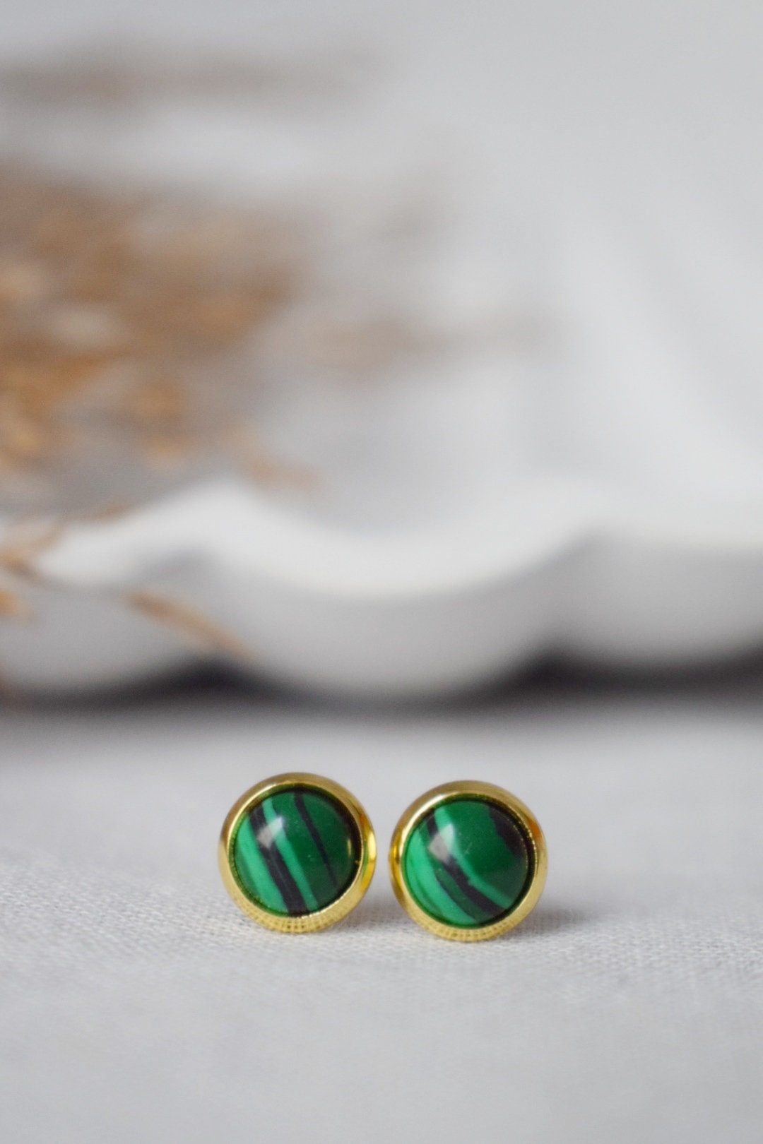 Malachite Stud Earrings Gold, 8mm Green Gemstone Studs, Small Round Earrings, Minimalist, Malachite Jewelry, Birthstone, Gift For Her