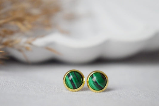 Malachite Stud Earrings Gold, 8mm Green Gemstone Studs, Small Round Earrings, Minimalist, Malachite Jewelry, Birthstone, Gift For Her