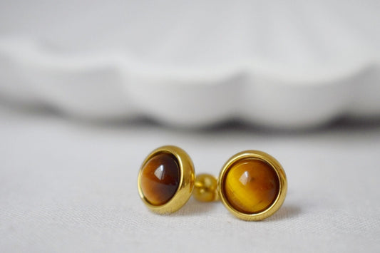 Small Tiger Eye Stud Earrings Gold, Gemstone 8mm Stud Earrings, Minimalist Tiger's Eye Earrings, Brown Stone, Gift Tigers Eye Chakra Jewelry