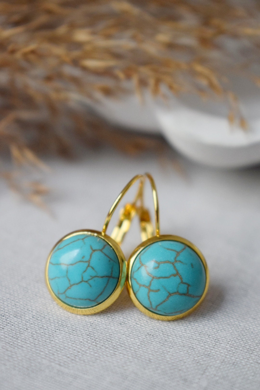 Turquoise earrings dangle, Round Blue Gemstone Hanging Earrings, Boho Jewelry women, Gift For Her