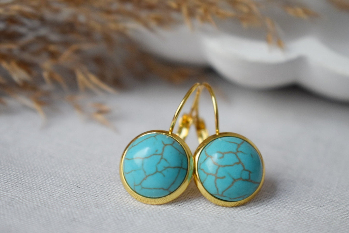 Turquoise earrings dangle, Round Blue Gemstone Hanging Earrings, Boho Jewelry women, Gift For Her