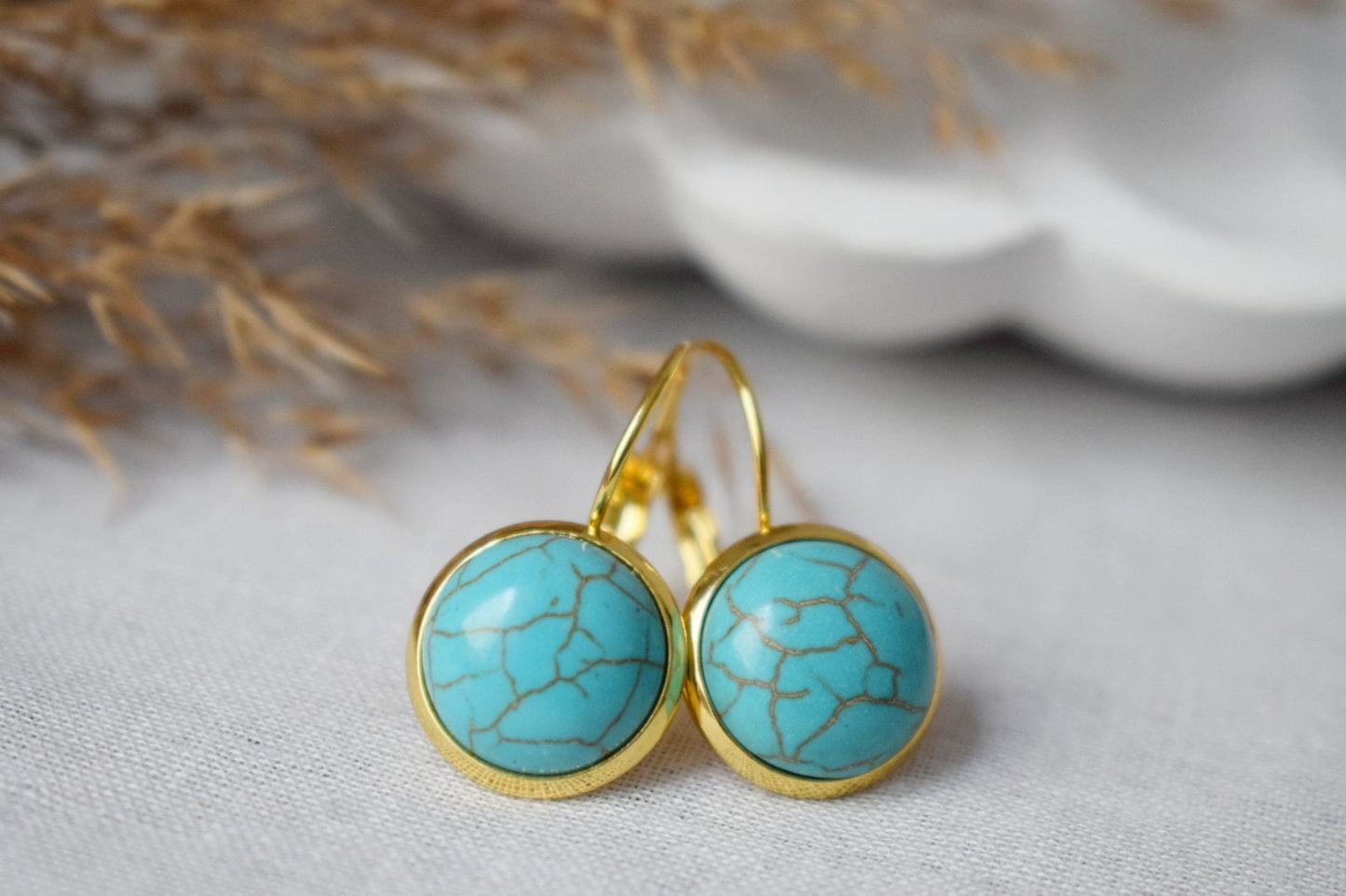 Turquoise earrings dangle, Round Blue Gemstone Hanging Earrings, Boho Jewelry women, Gift For Her