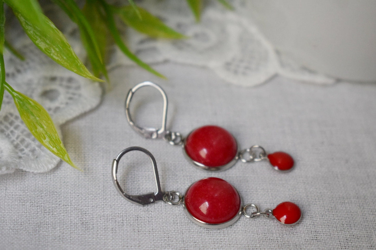 Red jade earrings, Red silver huggies, Gemstone drop and dangle earrings, Boho, Red enamel pendant earrings, Red, Jewelry gift for women