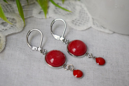 Red jade earrings, Red silver huggies, Gemstone drop and dangle earrings, Boho, Red enamel pendant earrings, Red, Jewelry gift for women