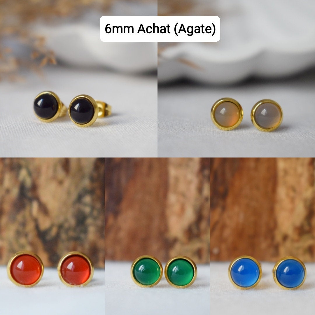 Mini Blue Agate Stud Earrings, 6mm Gold Stud Earrings, Small Round Gemstone Earrings, Minimalist Agate Birthstone Jewelry, Gift For Her