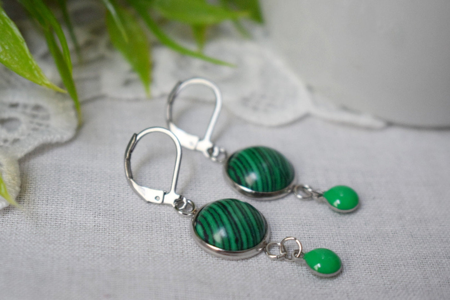 Malachite dangle earrings, Green huggies, Green enamel pendant earrings, Gemstone drop earrings, Boho, Malachite jewelry, Gift for her