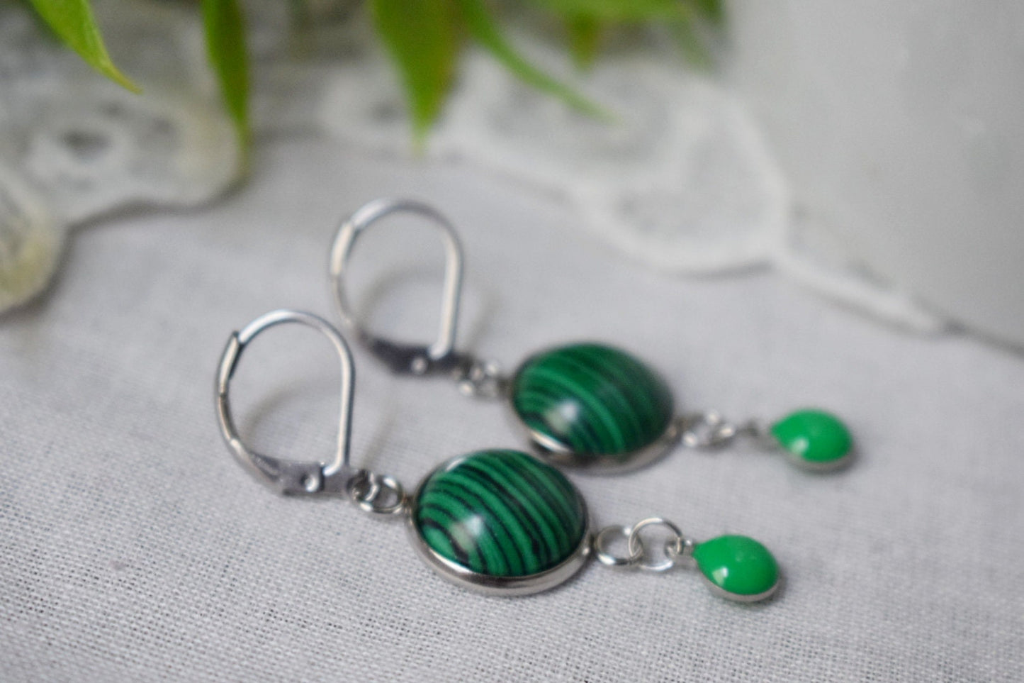 Malachite dangle earrings, Green huggies, Green enamel pendant earrings, Gemstone drop earrings, Boho, Malachite jewelry, Gift for her