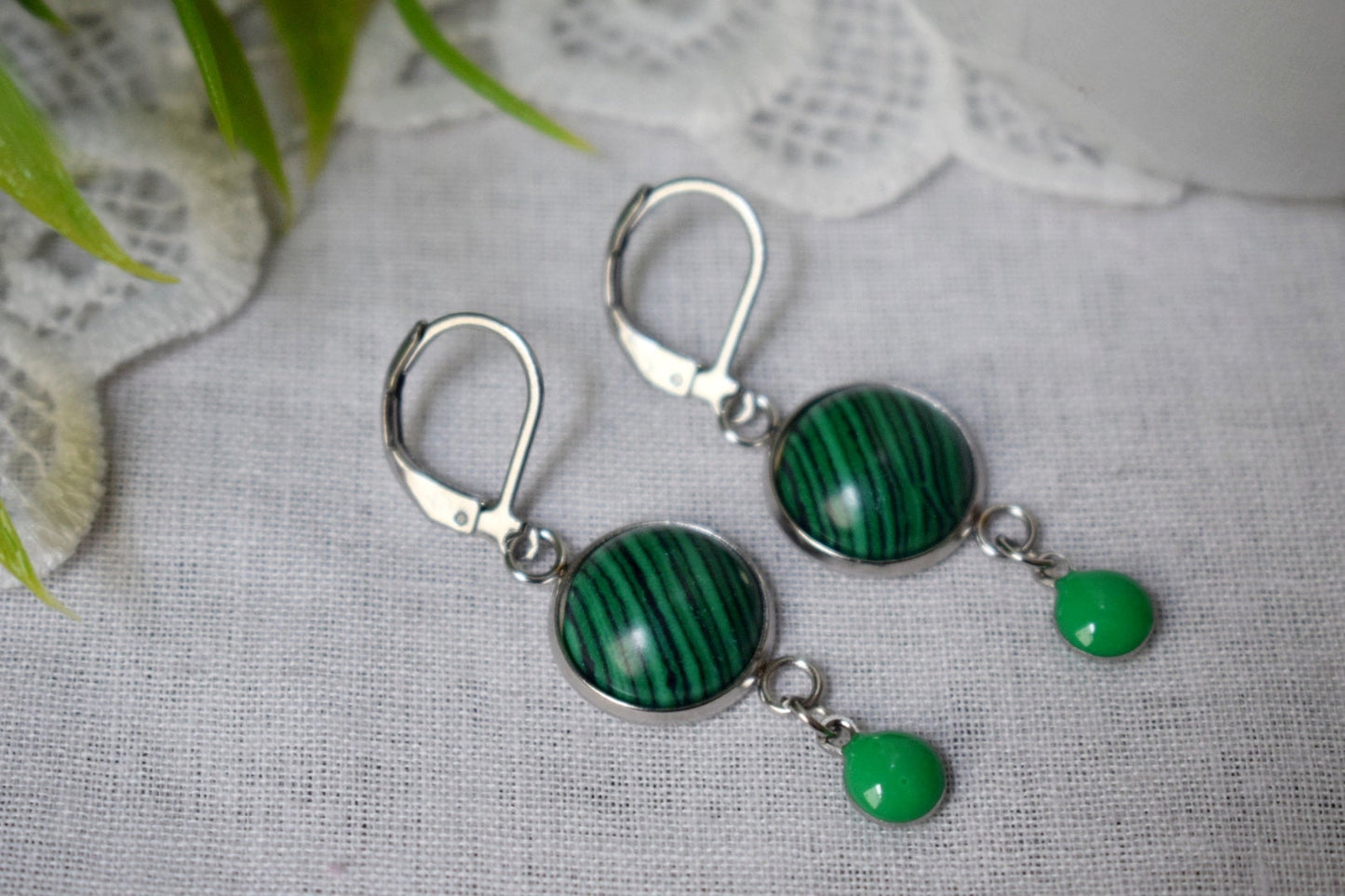 Malachite dangle earrings, Green huggies, Green enamel pendant earrings, Gemstone drop earrings, Boho, Malachite jewelry, Gift for her