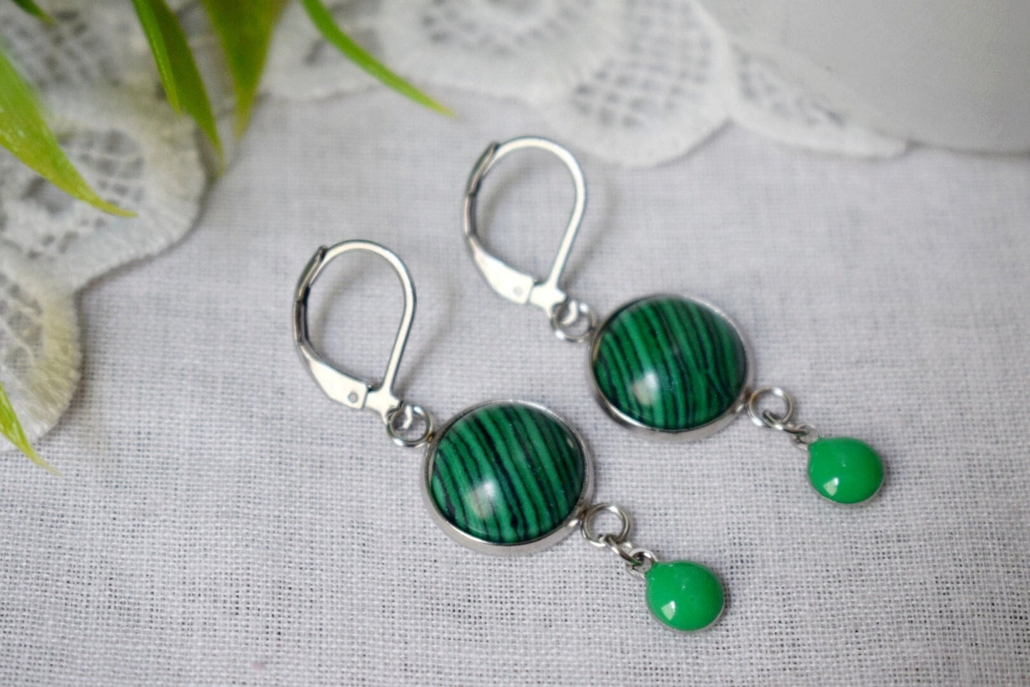 Malachite dangle earrings, Green huggies, Green enamel pendant earrings, Gemstone drop earrings, Boho, Malachite jewelry, Gift for her