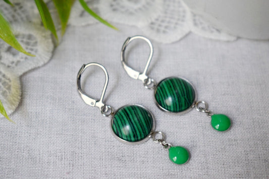 Malachite dangle earrings, Green huggies, Green enamel pendant earrings, Gemstone drop earrings, Boho, Malachite jewelry, Gift for her