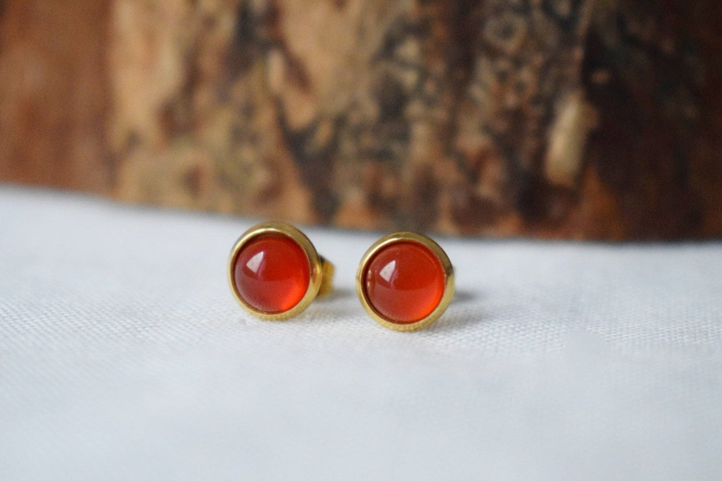 Red agate stud earrings, Small 8mm round gemstone earrings, 18k gold plated stainless steel studs, Agate jewelry gift