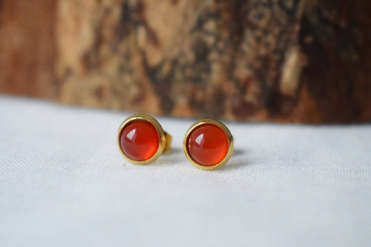 Red agate stud earrings, Small 8mm round gemstone earrings, 18k gold plated stainless steel studs, Agate jewelry gift