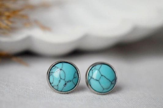 Turquoise stud earrings, 12mm Gemstone push back earrings, Blue post earrings, Lightweight earrings, Handmade jewelry, Gift for women
