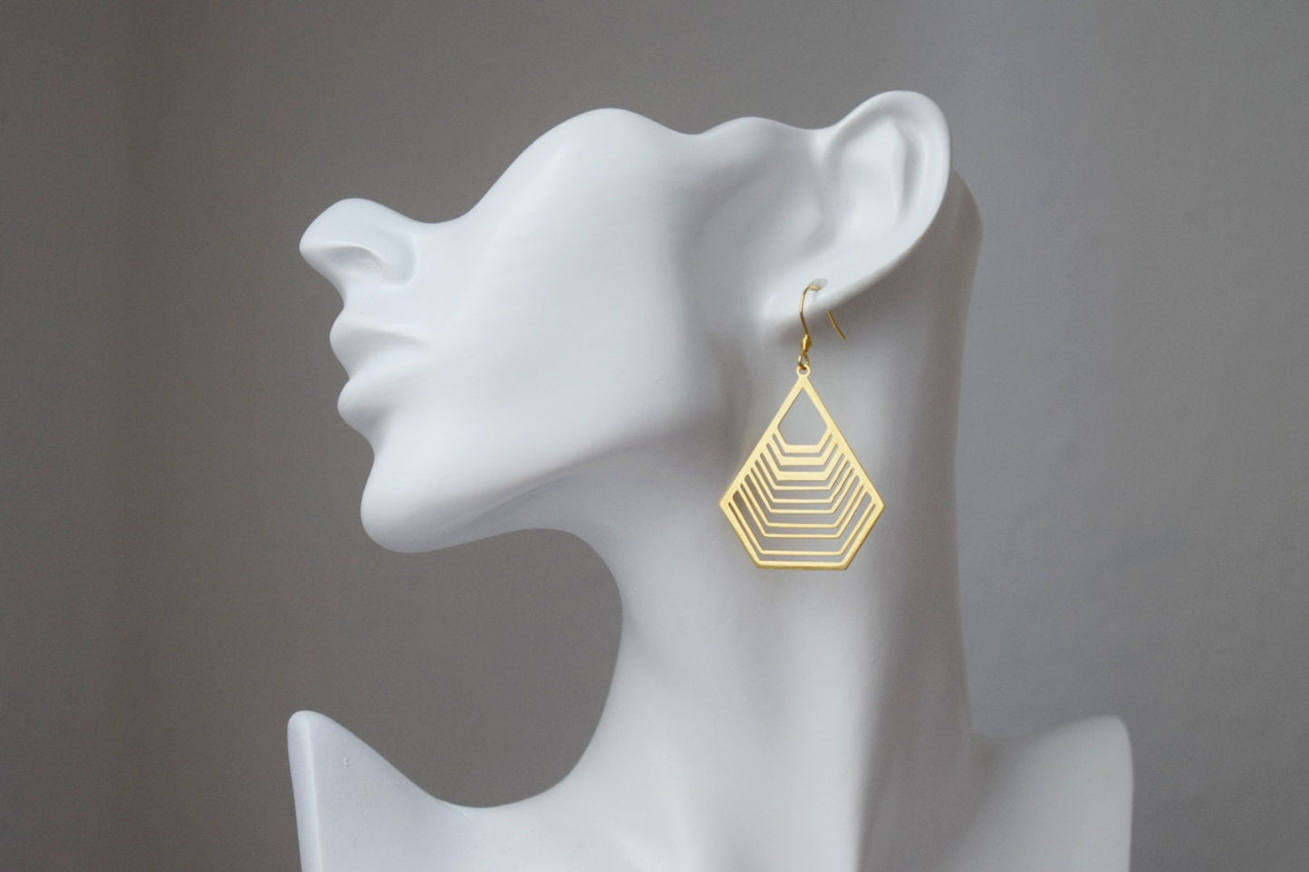 Long polygon earrings with gold filigree pendant, Stainless steel earrings, Geometric hanging earrings, Small christmas jewelry gift for her