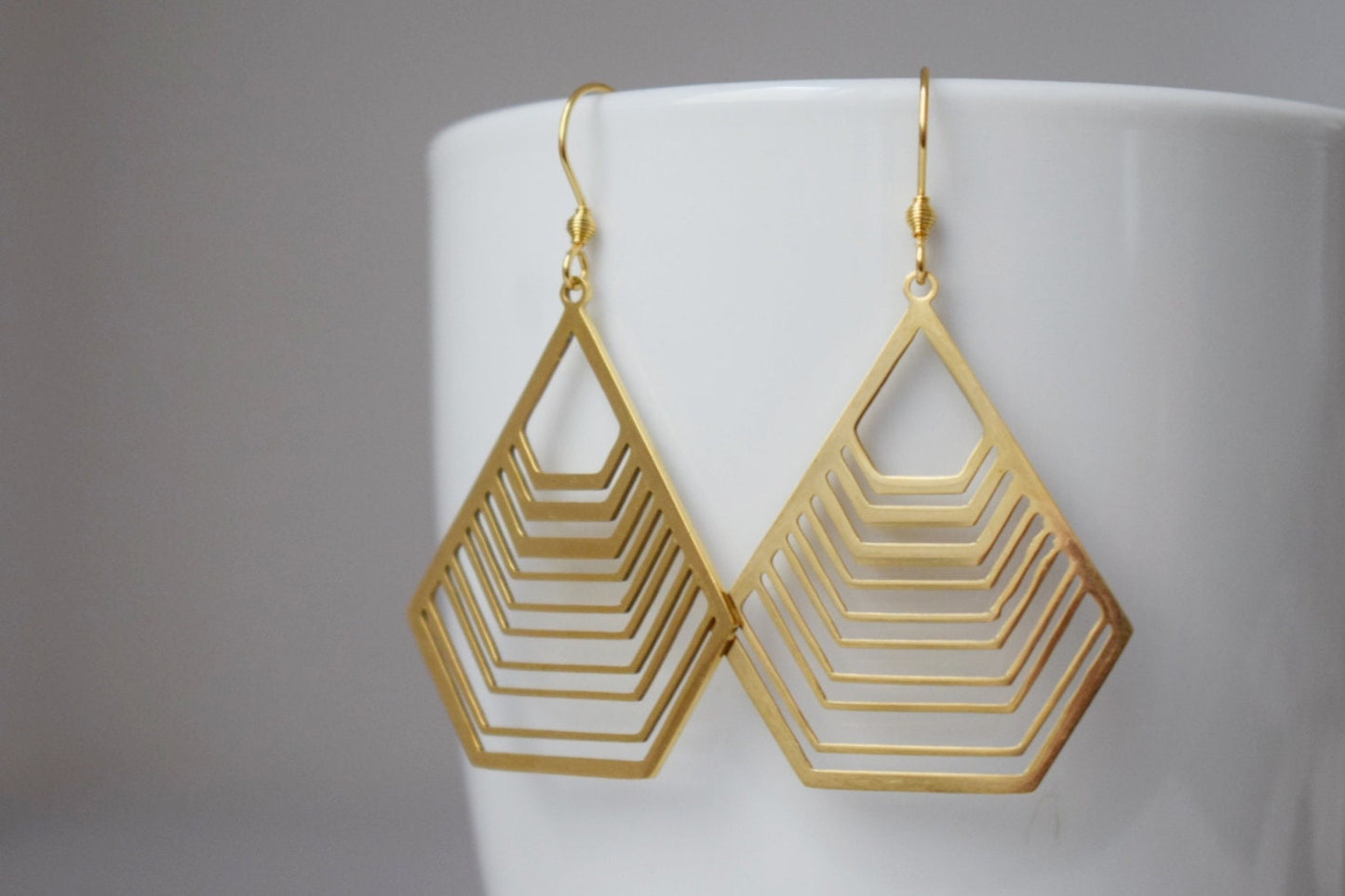 Long polygon earrings with gold filigree pendant, Stainless steel earrings, Geometric hanging earrings, Small christmas jewelry gift for her