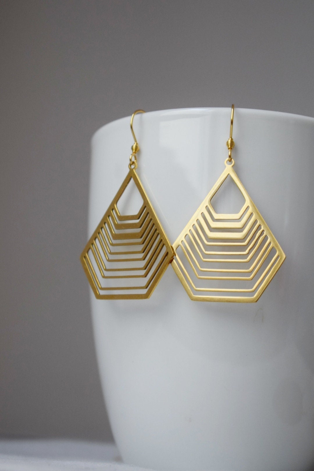 Long polygon earrings with gold filigree pendant, Stainless steel earrings, Geometric hanging earrings, Small christmas jewelry gift for her