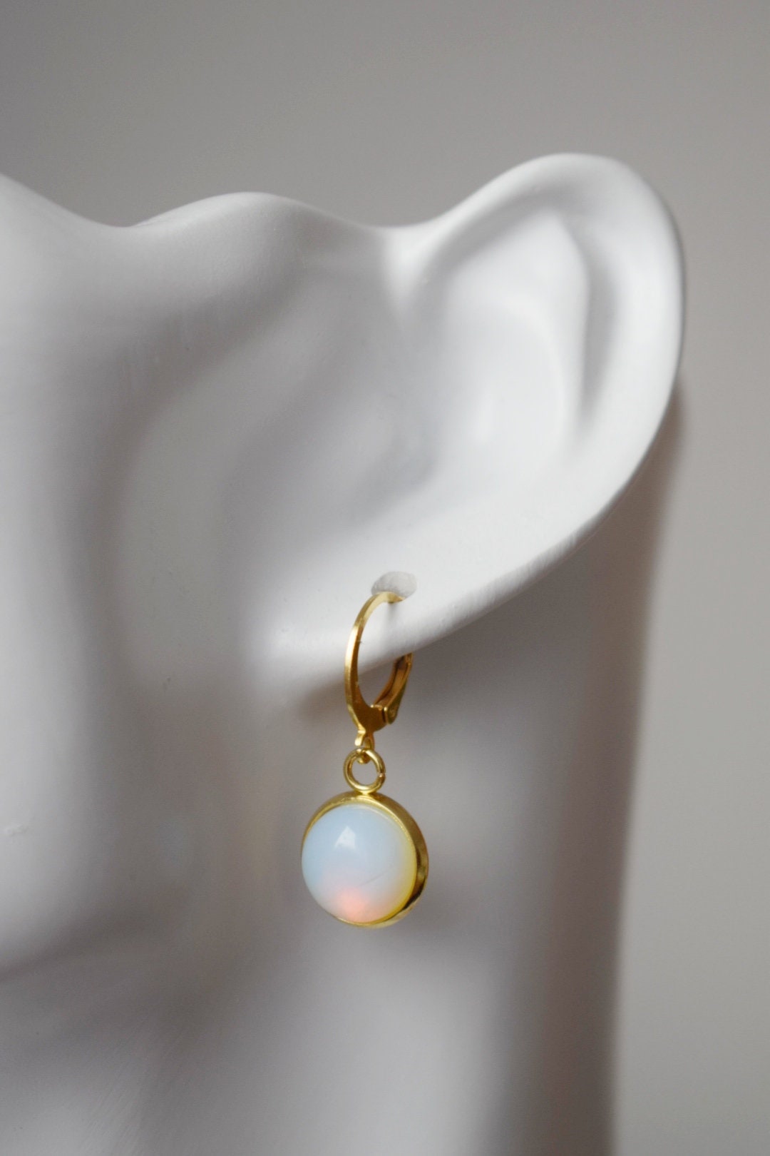 Opalite moonstone earrings, Huggie gold gemstone earrings, Small rainbow gold lever back earrings, Bridesmaid, Opalite jewelry, Gift for her