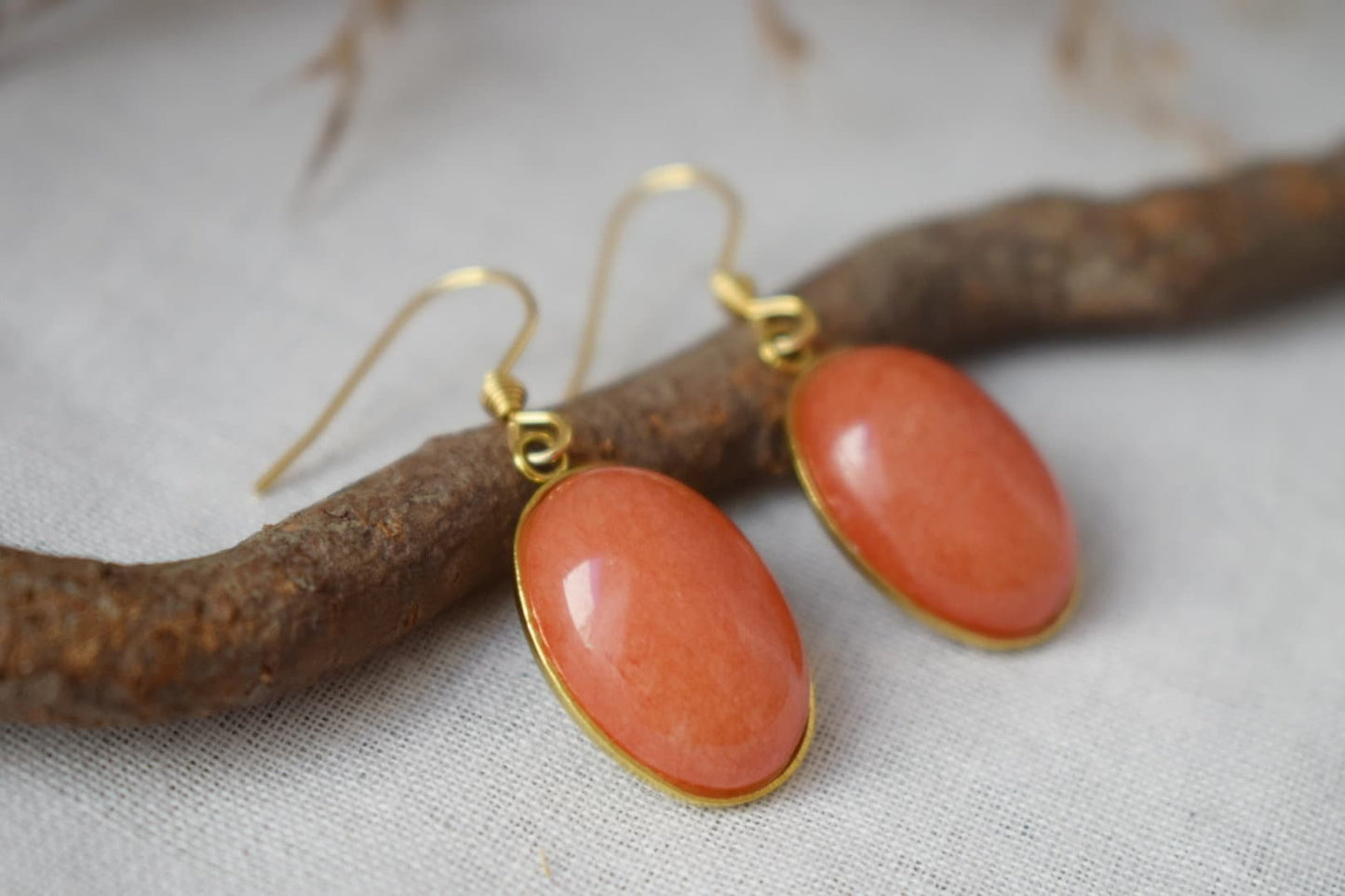 Orange Jade Earrings Gold, Oval Gemstone Hanging Earrings, Orange Pendant, Dangle Drop Stone Earrings For Women, Jade Jewelry, Gift For Her