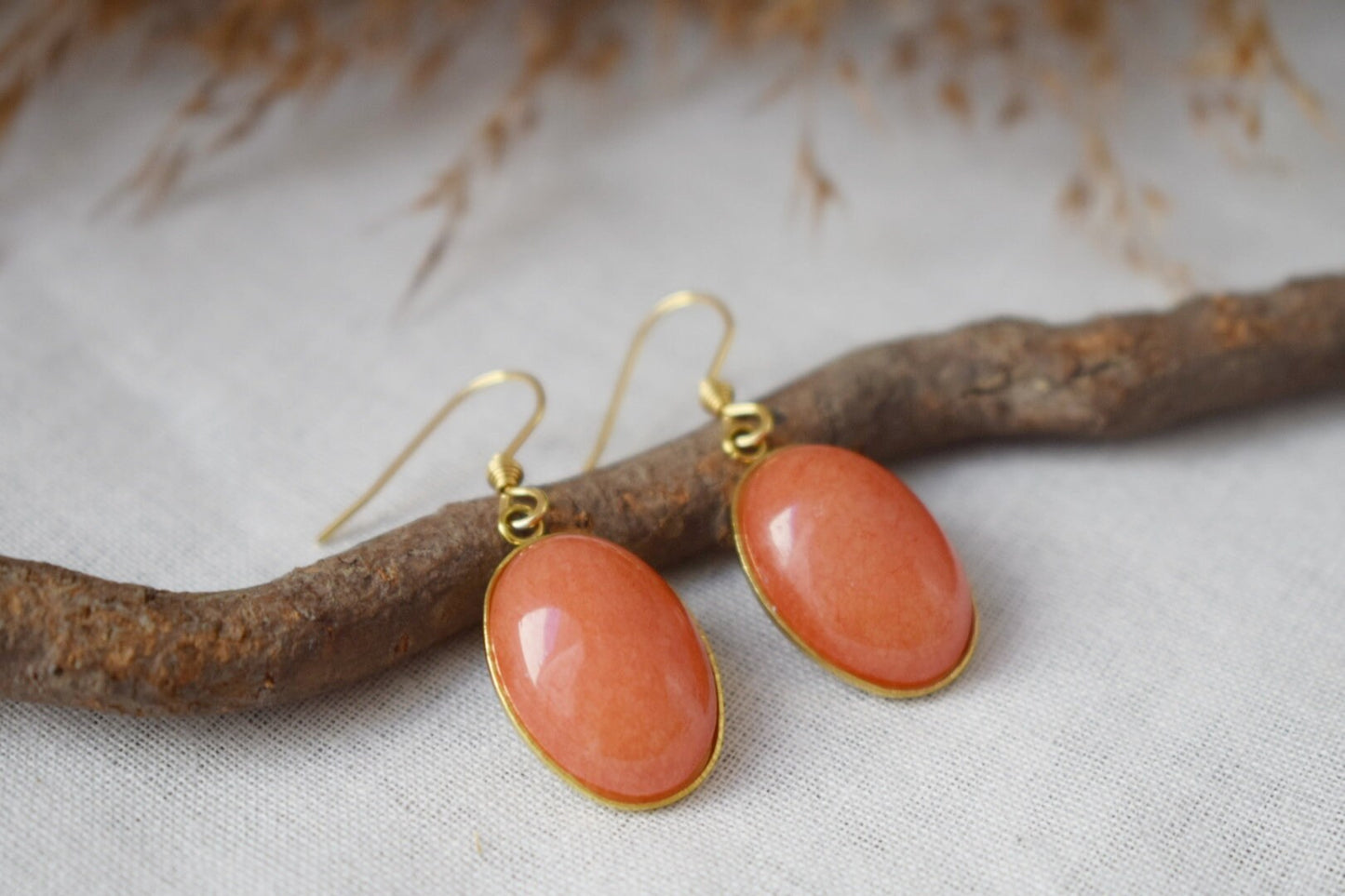 Orange Jade Earrings Gold, Oval Gemstone Hanging Earrings, Orange Pendant, Dangle Drop Stone Earrings For Women, Jade Jewelry, Gift For Her