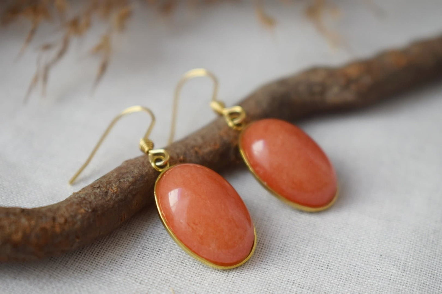 Orange Jade Earrings Gold, Oval Gemstone Hanging Earrings, Orange Pendant, Dangle Drop Stone Earrings For Women, Jade Jewelry, Gift For Her