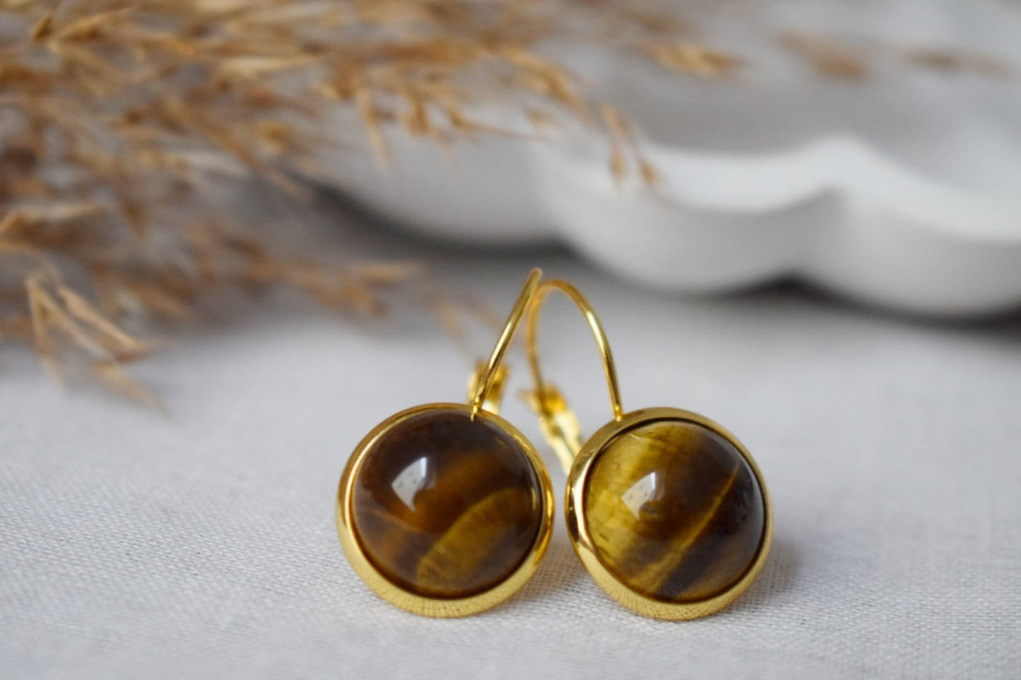 Tigers Eye Earrings for Women, Gemstone leverback earrings, Gold brown natural stone, Chakra, Tiger's eye jewelry for her, Mother's day gift