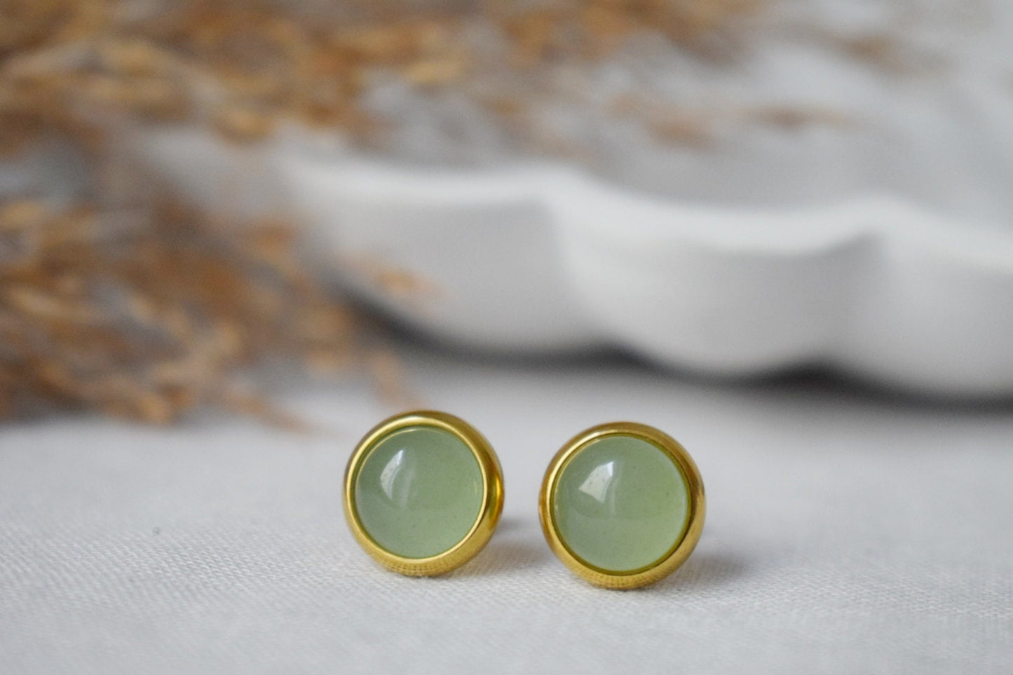Small Aventurine Stud Earrings, 8mm Massive Gold studs, Green Gemstone earrings, Basic Earrings, August Birthstone Gift, Minimalist Jewelry