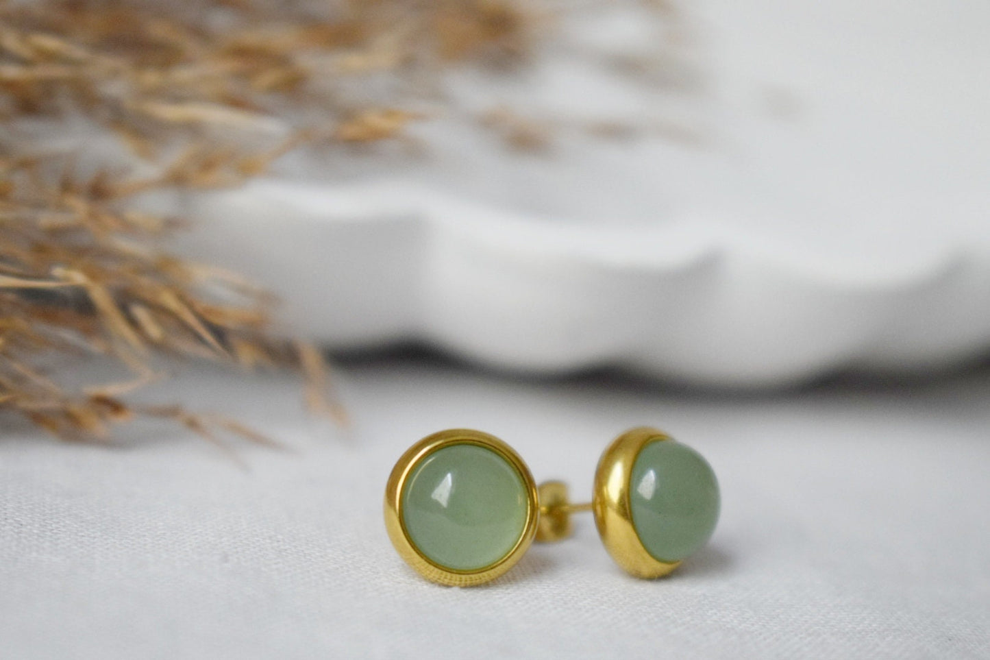 Small Aventurine Stud Earrings, 8mm Massive Gold studs, Green Gemstone earrings, Basic Earrings, August Birthstone Gift, Minimalist Jewelry