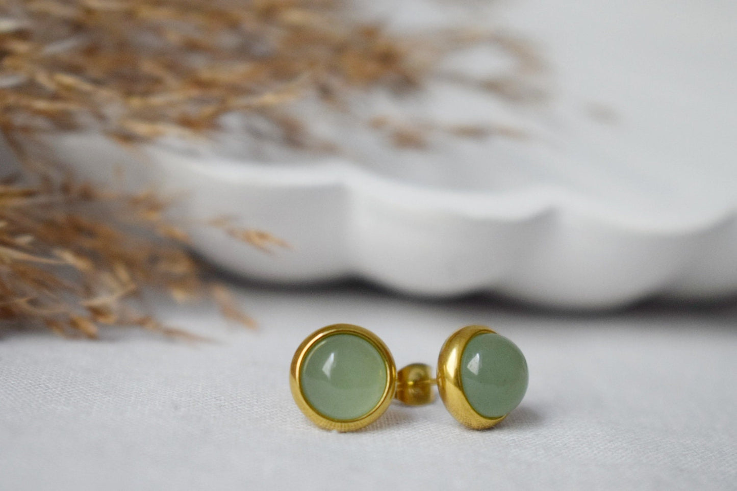 Small Aventurine Stud Earrings, 8mm Massive Gold studs, Green Gemstone earrings, Basic Earrings, August Birthstone Gift, Minimalist Jewelry