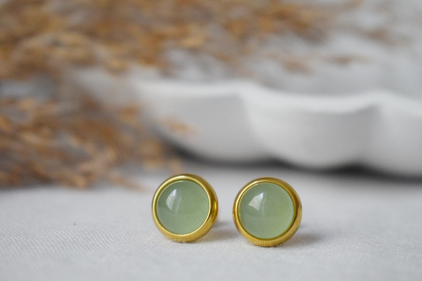 Small Aventurine Stud Earrings, 8mm Massive Gold studs, Green Gemstone earrings, Basic Earrings, August Birthstone Gift, Minimalist Jewelry